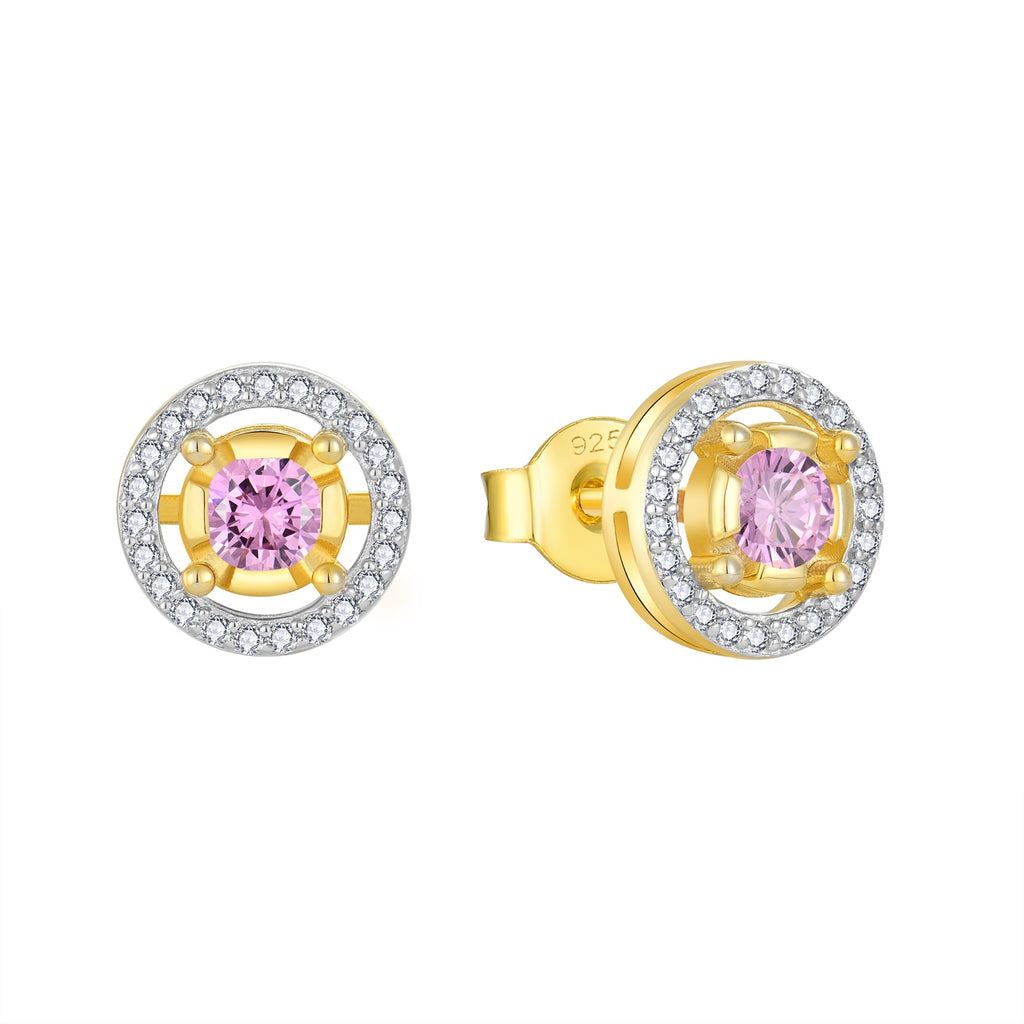 Blush Halo moissanite stud earrings in gold-tone 925 sterling silver with pink center accents