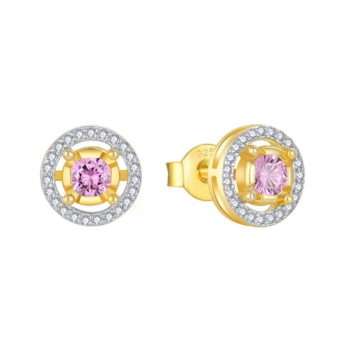 Blush Halo moissanite stud earrings in gold-tone 925 sterling silver with pink center accents