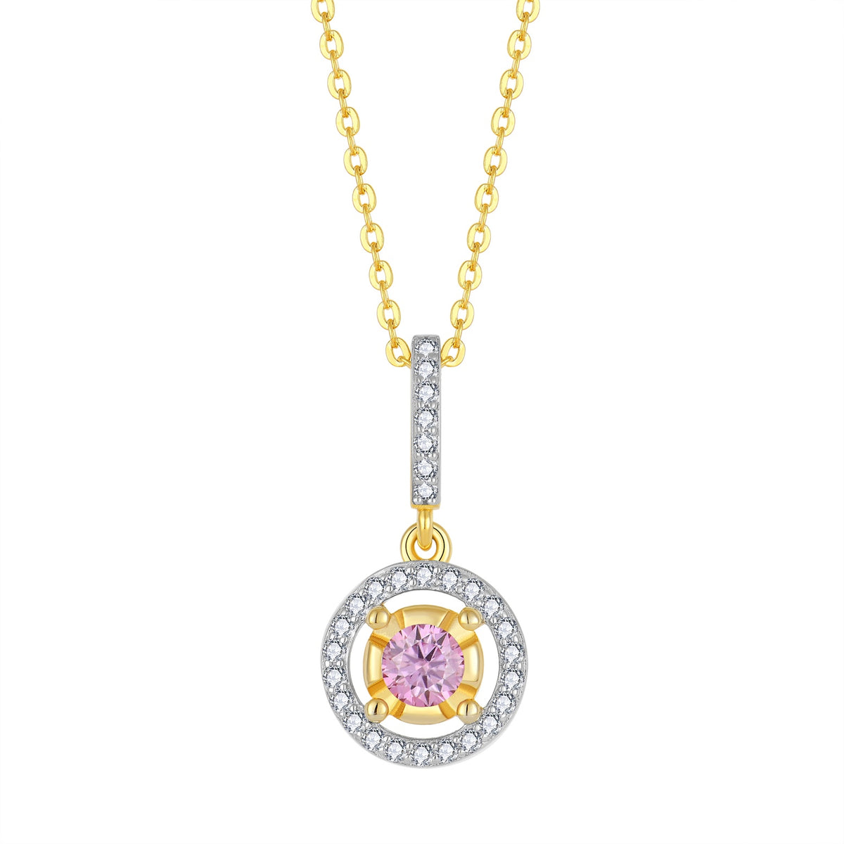 Blush Halo moissanite pendant necklace in gold-tone 925 sterling silver with pink center accent