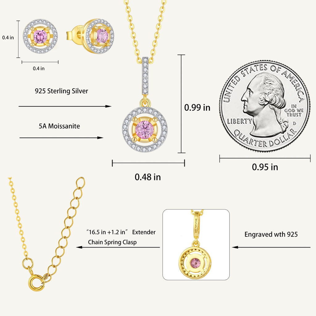 Blush Halo necklace and earrings dimensions with 925 sterling silver and 5A moissanite specifications