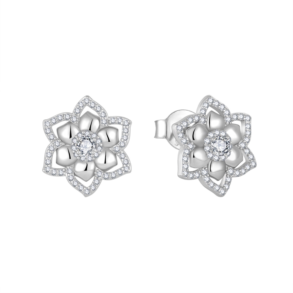 Celeste Floral moissanite stud earrings in polished 925 sterling silver