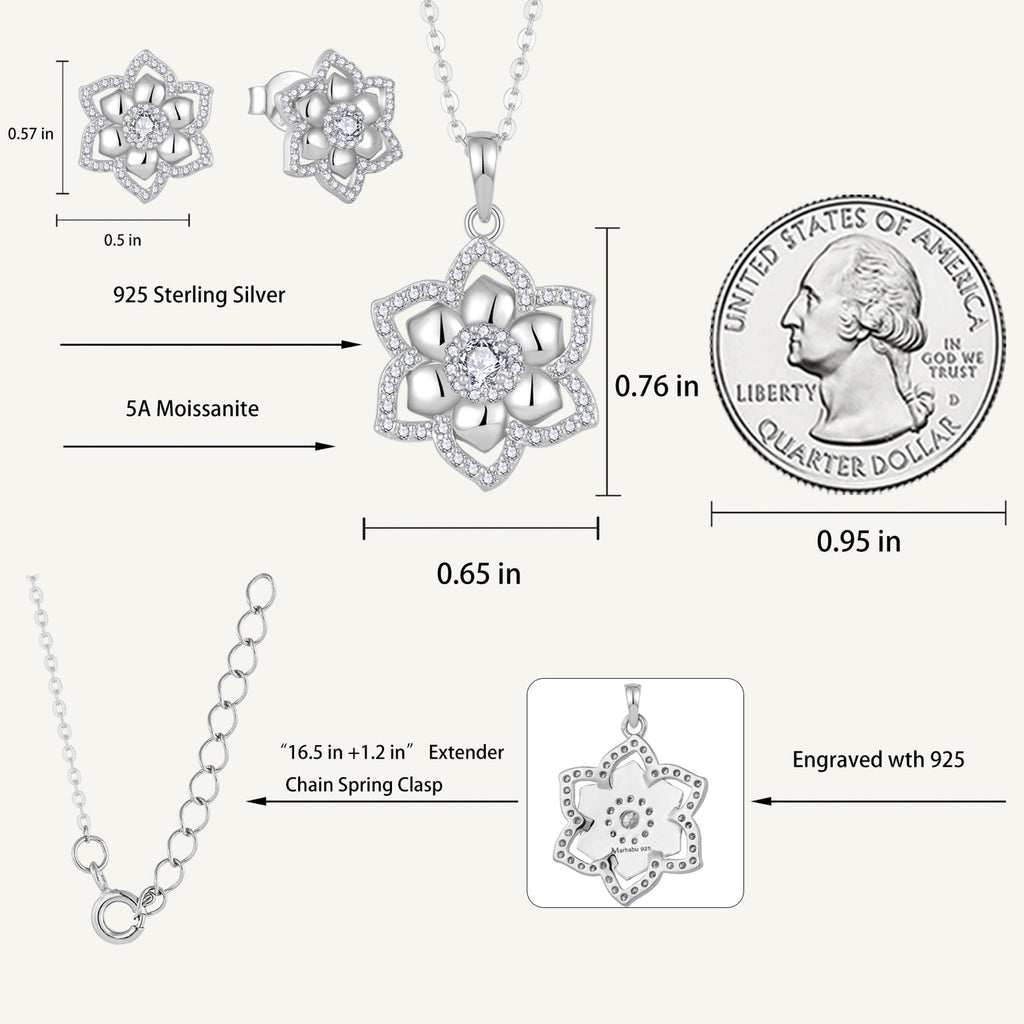 Celeste Floral necklace and earrings dimensions with 925 sterling silver and 5A moissanite specifications