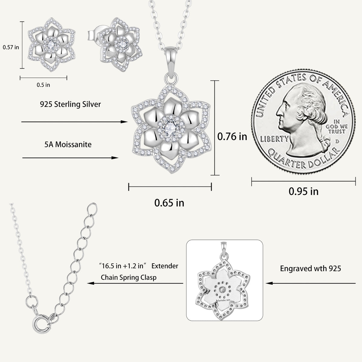 Celeste Floral necklace and earrings dimensions with 925 sterling silver and 5A moissanite specifications