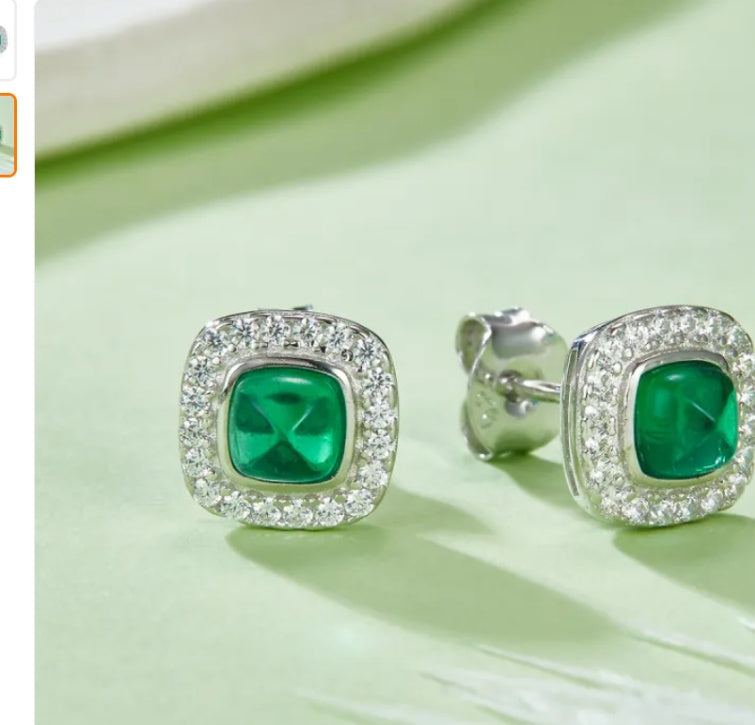 CJ reference view of S925 lab-created emerald halo stud earrings showing angled construction