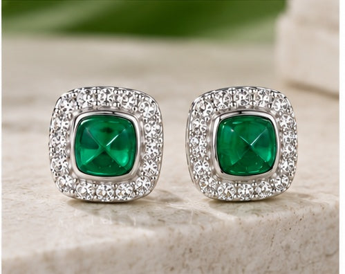 Marhabu S925 lab-created emerald halo stud earrings pair presentation