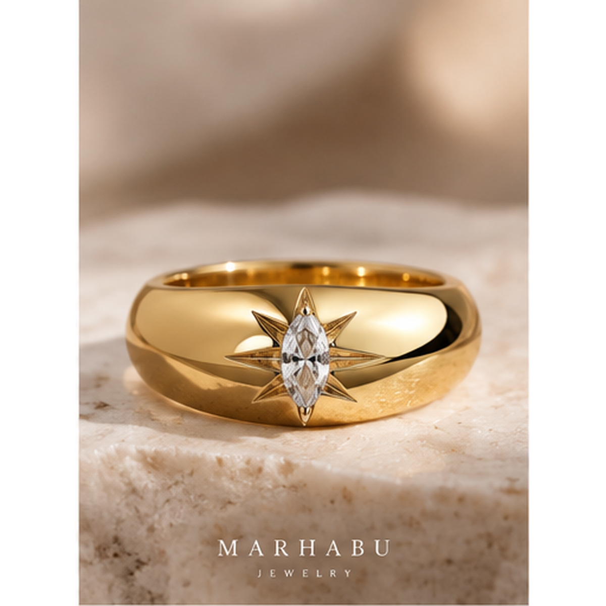 Marhabu gold-plated marquise moissanite ring lifestyle product view