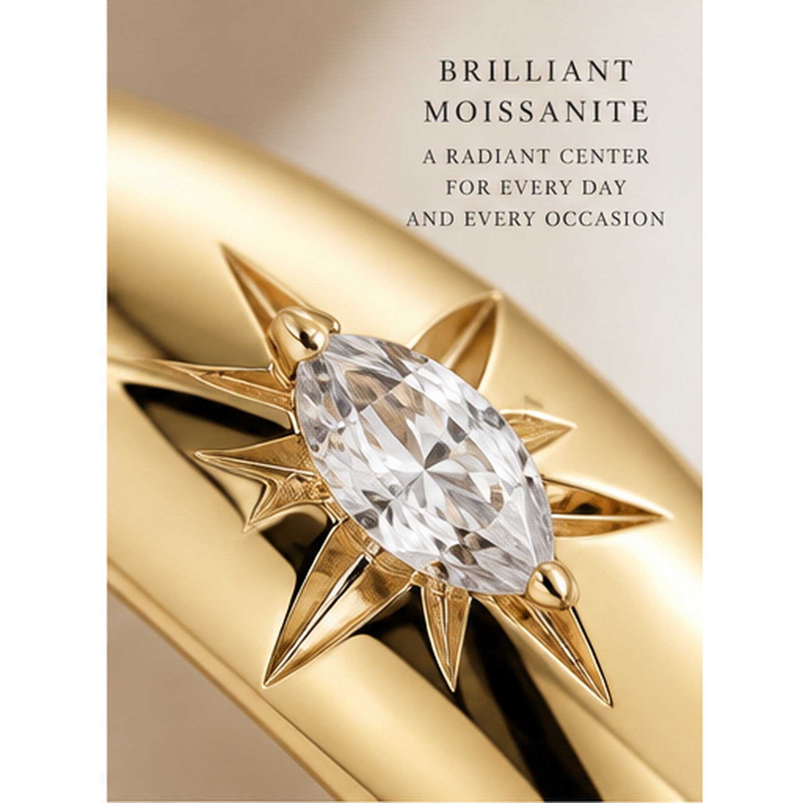 Macro view of Marhabu marquise moissanite starburst ring
