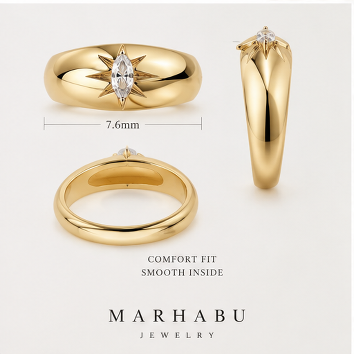 Marhabu marquise moissanite ring profile and comfort-fit views