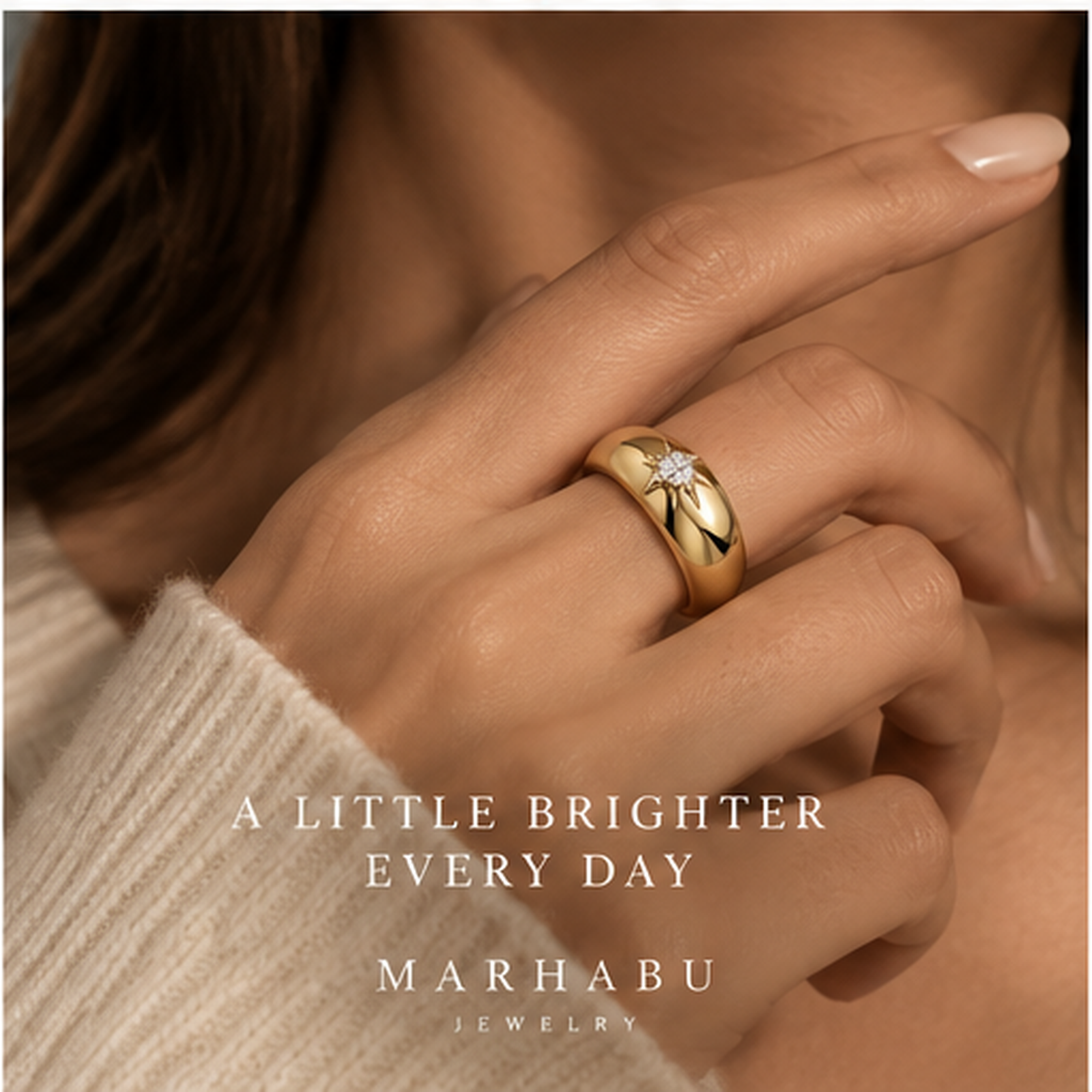 Marhabu gold-plated marquise moissanite ring lifestyle hand image