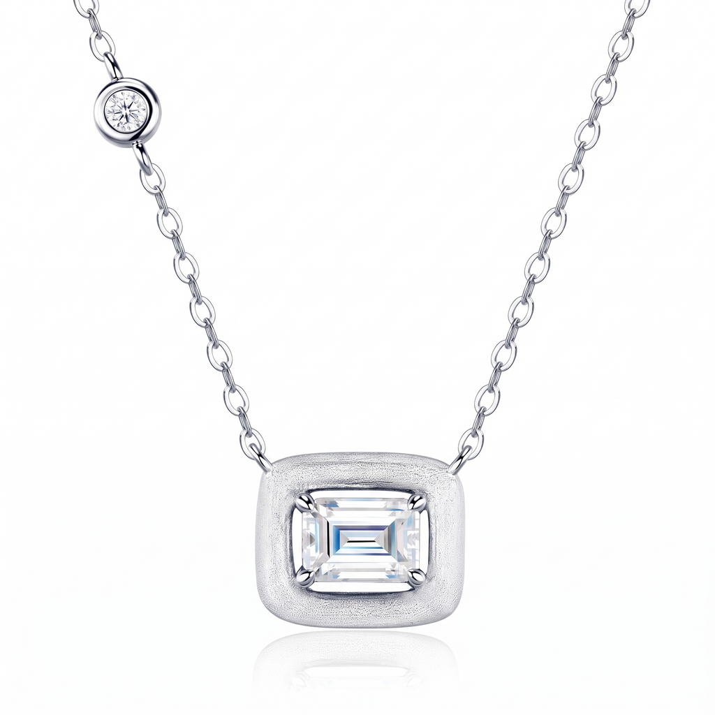 Marhabu S925 emerald-cut moissanite square pendant necklace on white background
