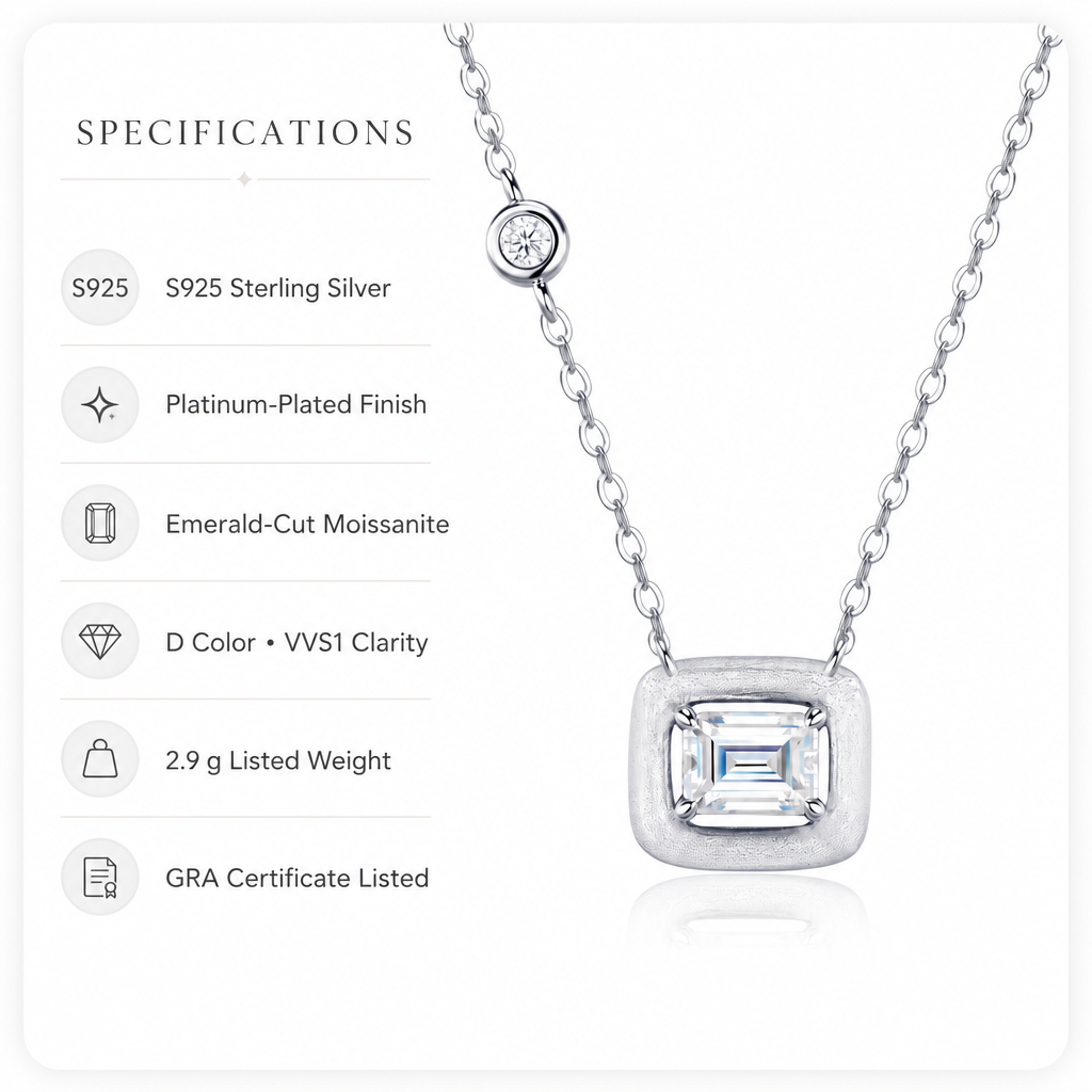 Specifications for Marhabu S925 emerald-cut moissanite square pendant necklace