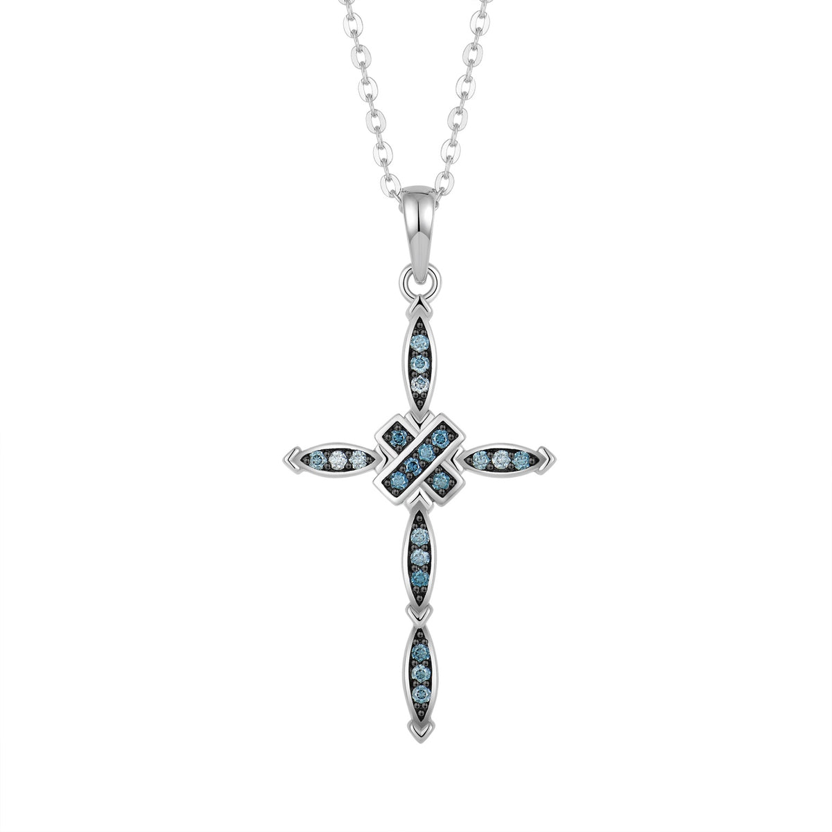 Midnight Cross moissanite pendant necklace in 925 sterling silver with blue accents