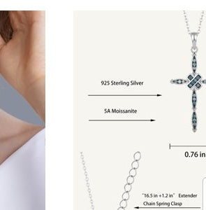 Midnight Cross necklace dimensions with 925 sterling silver and 5A moissanite specifications