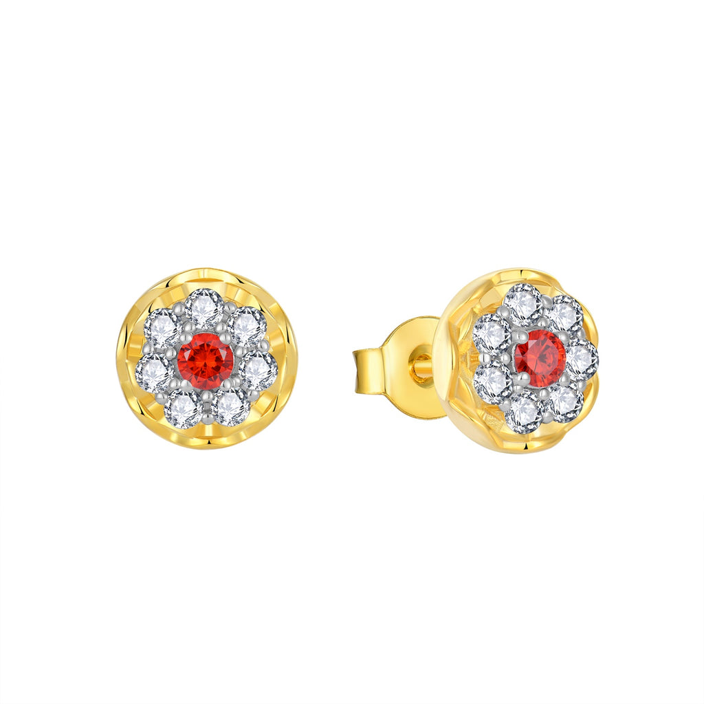 Scarlet Halo moissanite stud earrings in gold-tone 925 sterling silver with red center accents