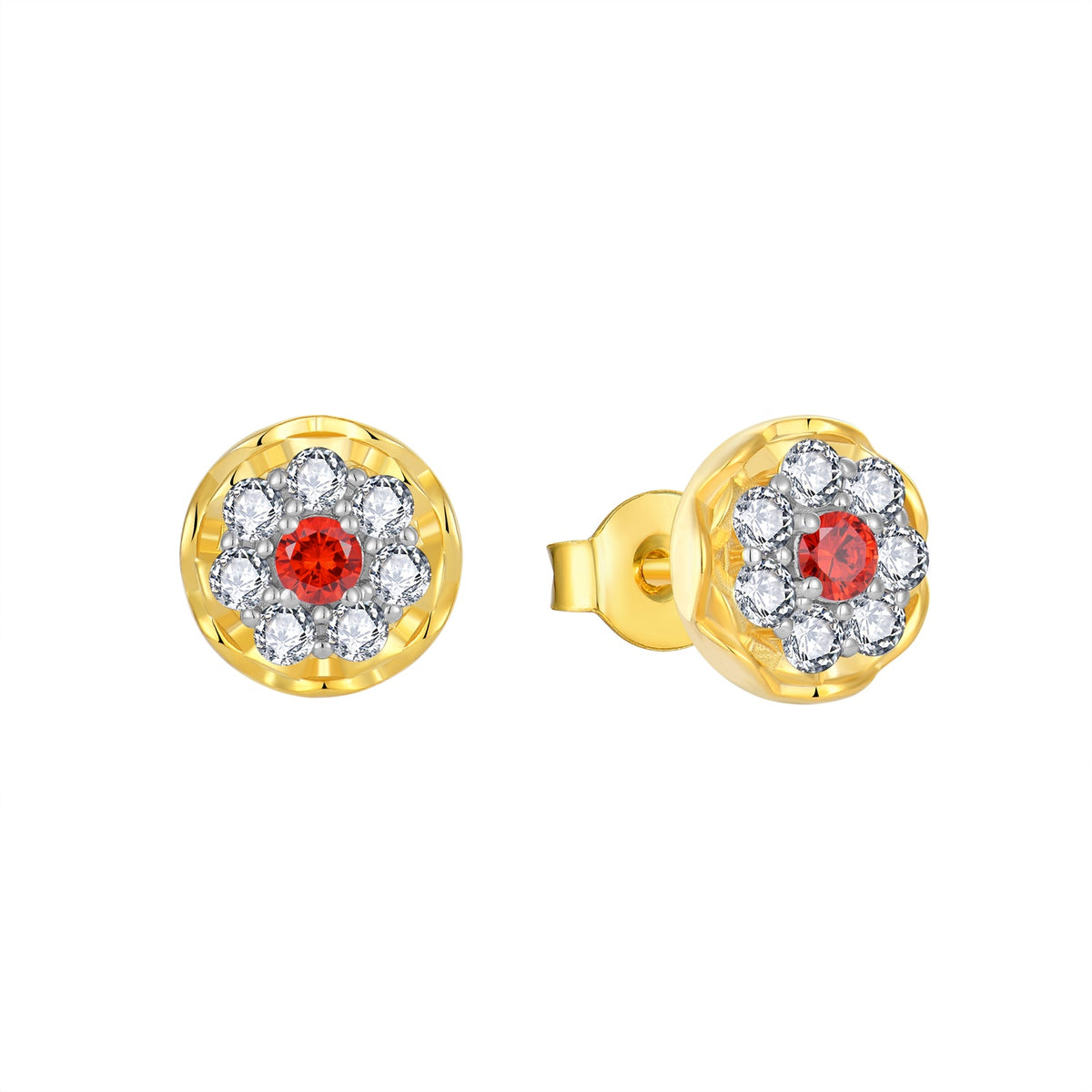 Scarlet Halo moissanite stud earrings in gold-tone 925 sterling silver with red center accents
