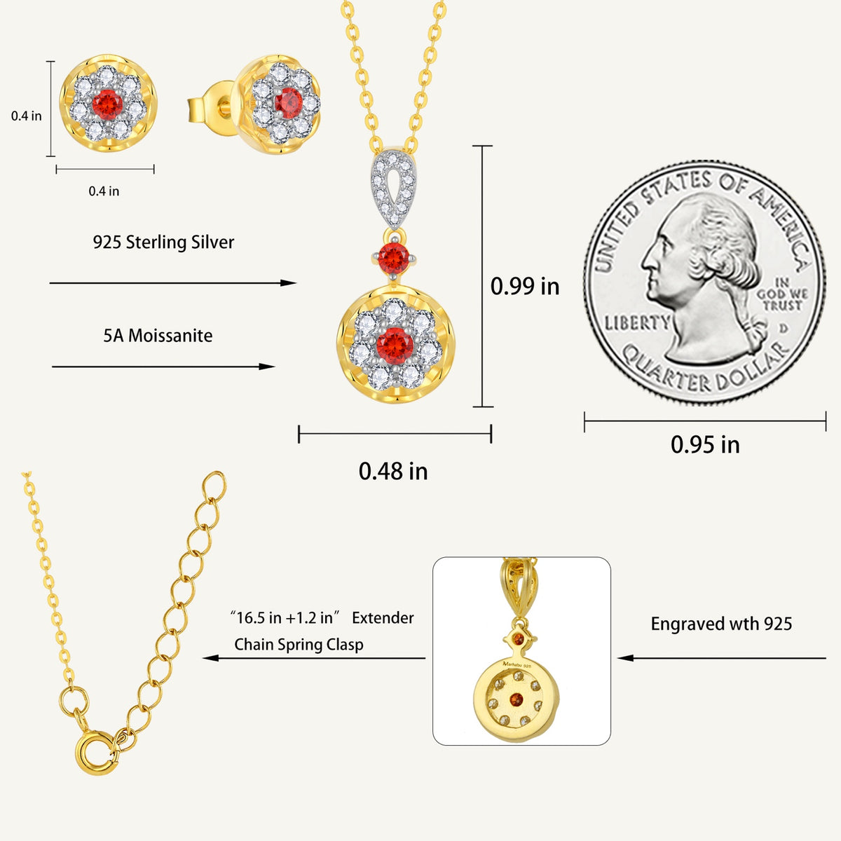 Scarlet Halo necklace and earrings dimensions with 925 sterling silver and 5A moissanite specifications